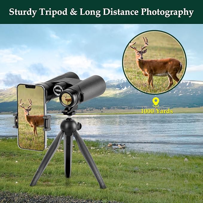 Adorrgon 12x42 HD Binoculars for Adults High Powered with Phone Adapter, Tripod and Tripod Adapter - Large View Binoculars with Clear Low Light Vision - Binocular for Bird Watching Cruise Travel