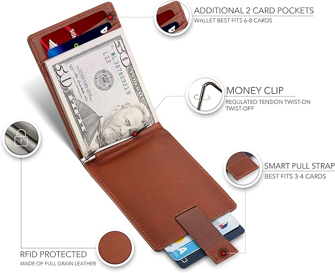 SERMAN BRANDS RFID Blocking Slim Bifold Genuine Leather Minimalist Front Pocket Wallets for Men with Money Clip Thin Gift