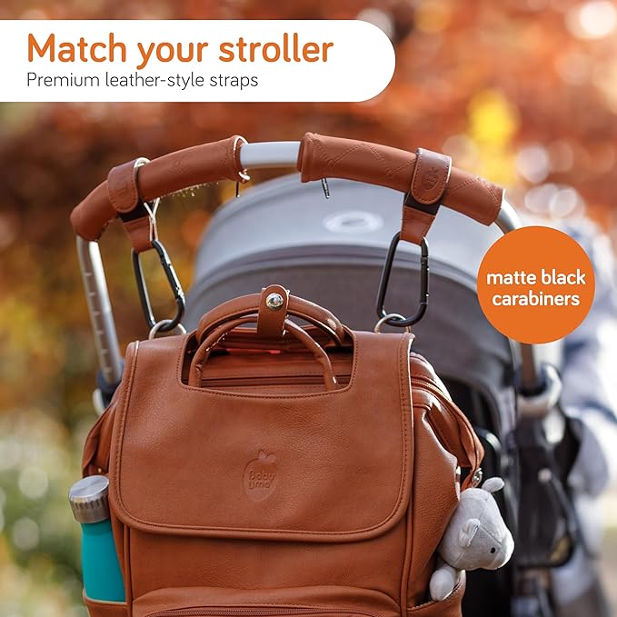 Baby Uma Stroller Hooks for Bags (2 Pack) - Leather-Style Stroller Clips and Hooks, Non-Slip Stroller Accessories, Carry 11 lbs Per Stroller Hook, Universal Baby Essentials & Stroller Accessories