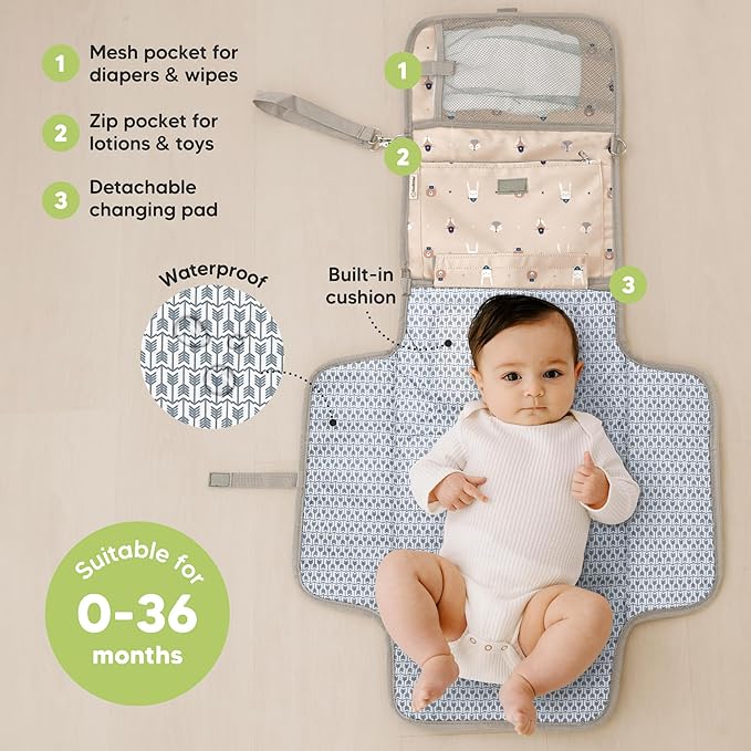 KeaBabies Portable Diaper Changing Pad - Large Waterproof Baby Changing Mat, Compact Travel Diaper Clutch, Functional Pockets Fit Newborn Essentials, Wipeable & Padded Baby Changer (Wild Patrol)
