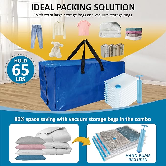 20 Pack Heavy Duty Extra Large Moving Totes with Backpack Straps & Large Vacuum Storage Bags - Space Saving, Fold Flat, Includes Vacuum Bags
