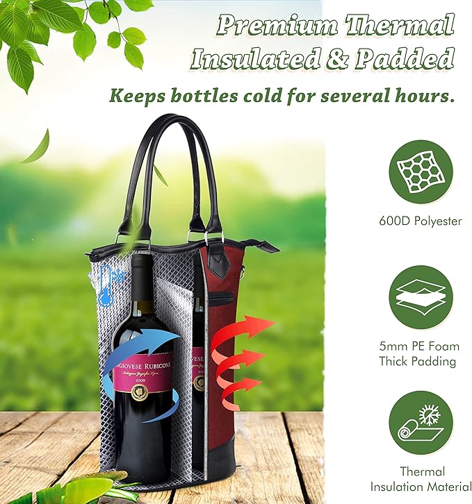 Tirrinia Insulated Wine Gift carrier Tote - Travel Padded 2 Bottle Wine/Champagne Cooler Bag with Handle and Adjustable Shoulder Strap, Great Wine Lover Gift, Red