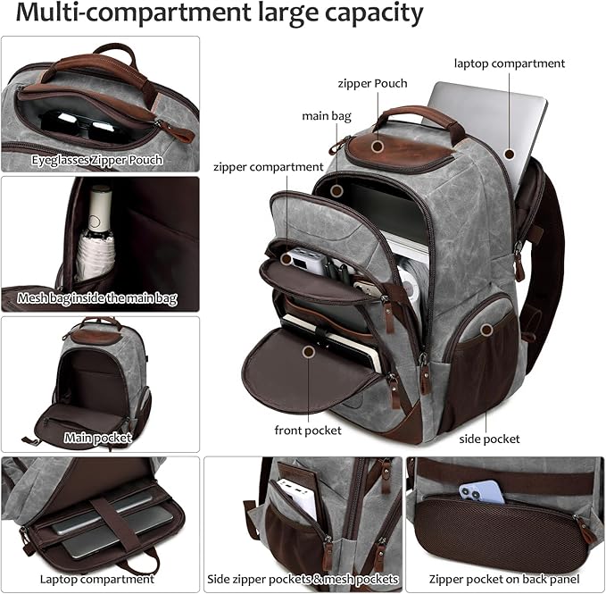 Travel Laptop Backpack 17.3 inch XL Computer Backpack for Men Waxed Canvas College Daypack Business Backpack Gray