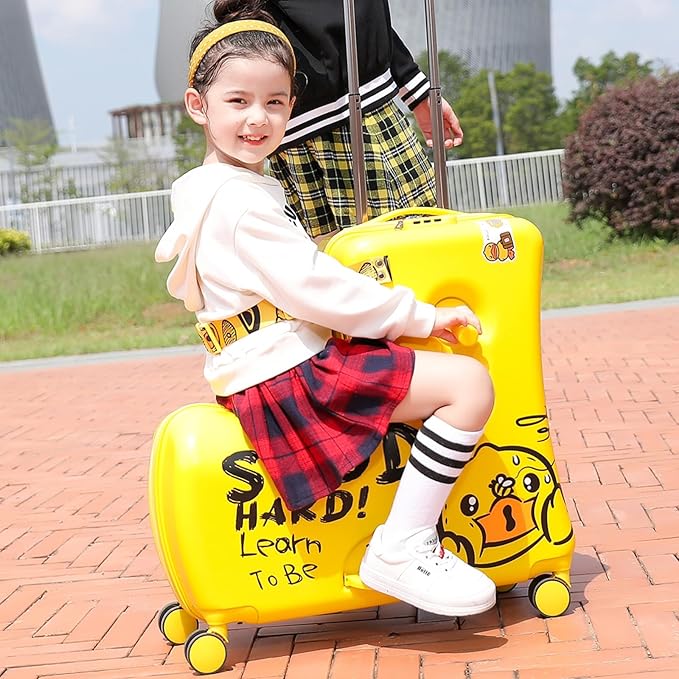 Kids' Lightweight Ride on Luggage with Spinner Wheels & Foldabe Design (Yellow Study, 24"+ Aged 3-12 Toddler)