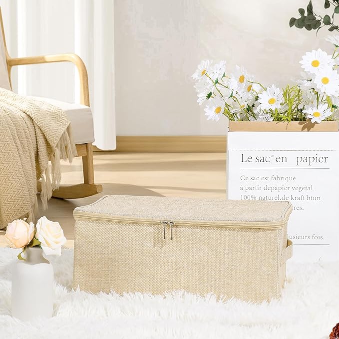 ANMINY 3PCS Storage Bins with Zipper Lids 13 Qt Lidded Fabric Storage Boxes Baskets Cubes with Handles Collapsible Washable Cotton Linen Closet Shelf Clothes Organizer Containers - Beige, Small