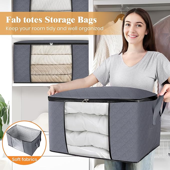 Fab totes 10 Pack Clothes Storage, Foldable Thick Fabric Blanket Storage Bags, Containers for Organizing Bedroom, Closet, Clothing, Comforter,Closet Organization with Handle,Grey