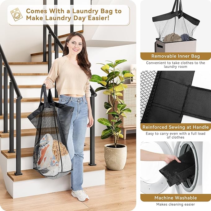 SOLEDI Slim Laundry Hamper with Lid, Narrow Laundry Basket with Removable Bags, Dirty Clothes Hamper with handle, Small Hamper perfect for Laundry room, Bathroom, Bedroom, Small spaces.Light taupe