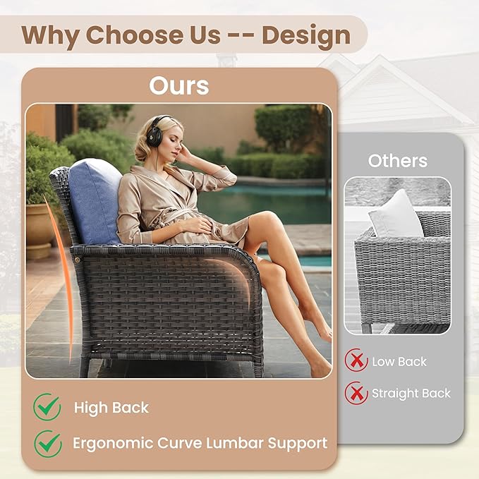 HOOOWOOO Patio Furniture Set,3 Pieces Outdoor Conversation Set,All Weather Wicker Bistro Set Yard Porch High Back Chairs Side Table,Denim Blue