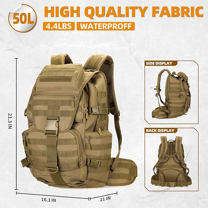 50L Military Tactical Backpack Hiking Waterproof Backpack Large Military Pack 3 Day Assault Pack Molle Bag Rucksack