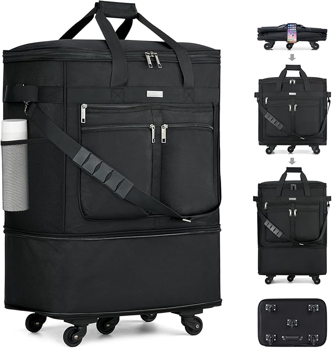 MILADA Expandable Luggage Bags for Travel Foldable Suitcase with Wheels Collapsible Rolling Travel Duffle Bag Lightweight Large Suitcases without Telescoping Handle, Black
