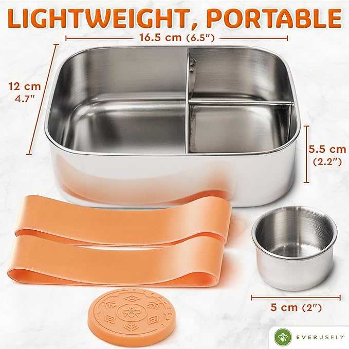 Everusely - Bento Box - Orange, 27oz / 0.8 L - Stainless Steel Lunch Box with Leakproof Condiment Container - 3 Compartment Snack Organizer for On the Go Meals - Freezer & Dishwasher Safe
