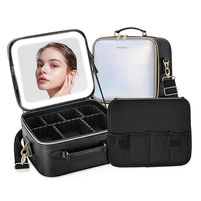 Travel Makeup Bag with Light Up Mirror, Cosmetic Artist Organizer Case with LED Mirror, Travel Makeup Case for Cosmetic Brush Holder Storage, Toiletry Case for Women Gift