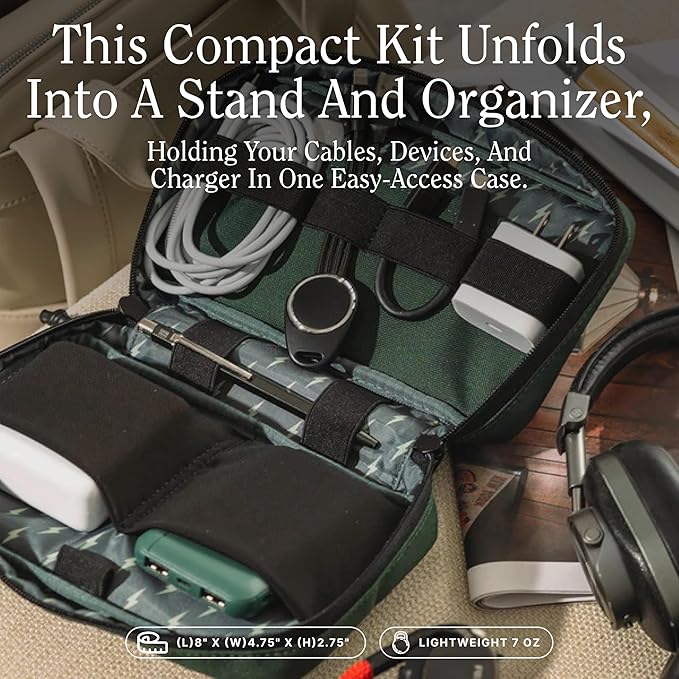 Halfday Sidekick Tech Organizer Kit | Flip-Out Kickstand for Phone/Tablet, Zip-Flat Pouch with Power Mesh & Elastic for Cable & Charger (Splash-Resistant Travel Electronics Accessories Case), Marine