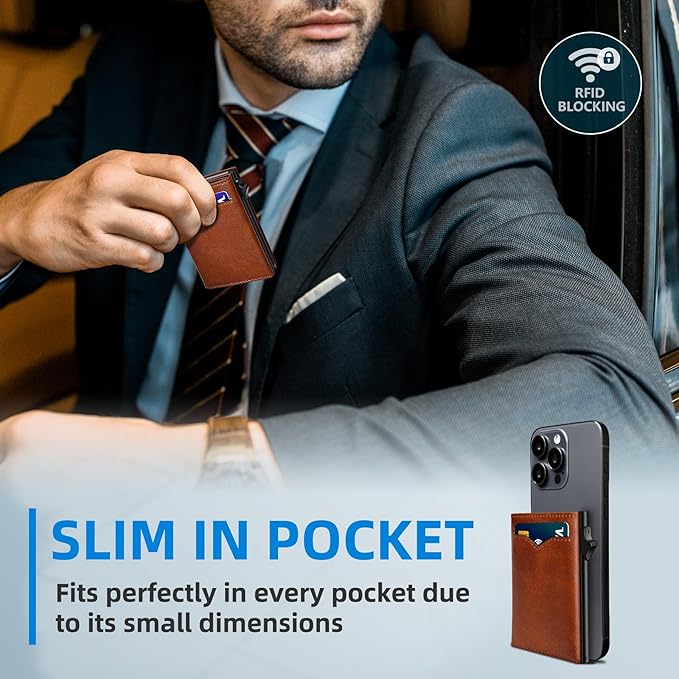 Wallet for Men,with Cash Pocket 2 ID Window 9-13 Cards,Metal Case Smart Slim Pop Up Credit Card Holder Flip with Magnetic Closure RFID Blocking Trifold wallet with Gift Box