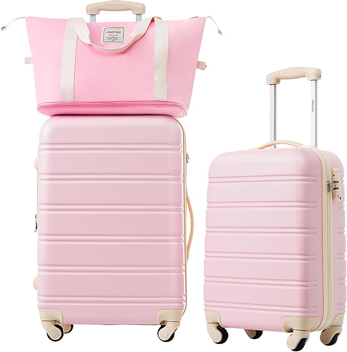Merax Luggage sets of 2 Piece 20 24 IN Carry on Luggage Hard Case White Pink Luggage Expandable Checked Luggage Suitcase Set with Wheels