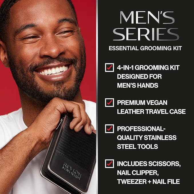 Revlon Men's Grooming Kit, 5-Piece Travel Essentials Set, Includes Nail Clippers, Scissors, File, Tweezers and Carrying Case, Stainless Steel, 1 count
