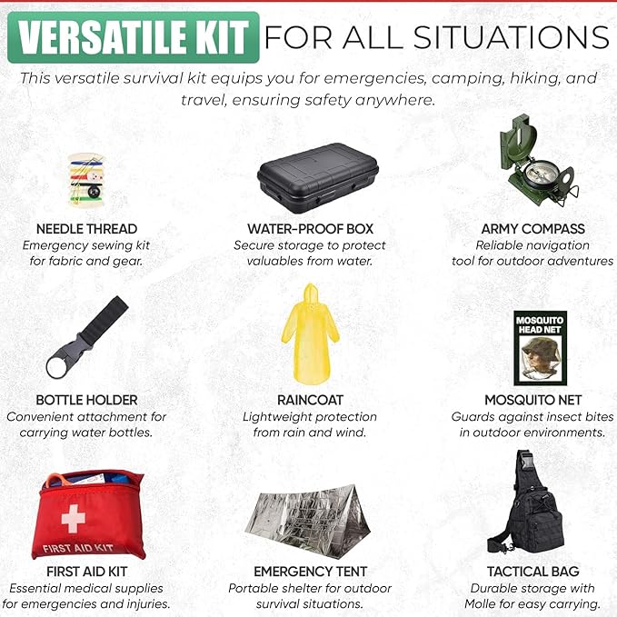 Survival Kit - All-in-One Survival Gear and Supplies for Camping, Hiking, Hunting, and Car Emergencies - Essential Tools, Great Gift for Men, Fathers, Boyfriends, Boys, Dads and Scouts
