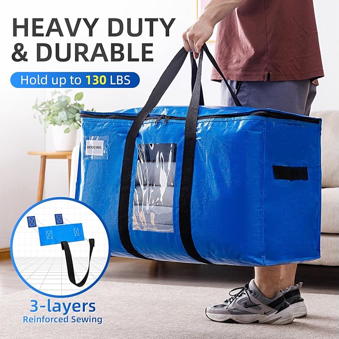 TAILI Extra Large Moving Bags, 8 Pack Blue Heavy Duty Totes For Storage with Visible Window, Wrap Around Handles, Storage Bags for Space Saving, Alternative to Moving Boxes