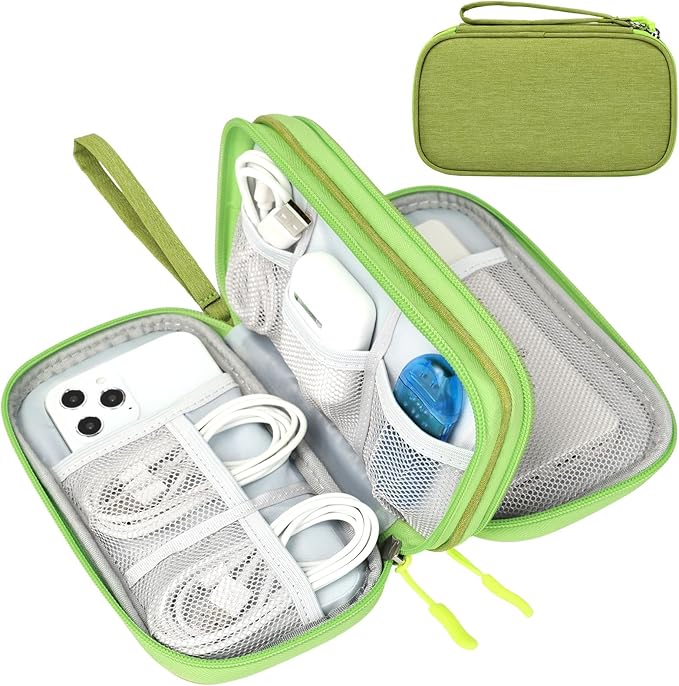 FYY Travel Cable Organizer Pouch Electronic Accessories Carry Case Portable Waterproof Double Layers All-in-One Storage Bag for Cord, Charger, Phone, Earphone Green