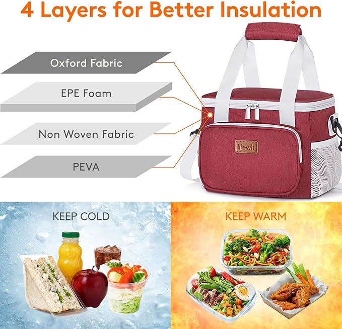 Lifewit Medium Lunch Bag Insulated Lunch Box Soft Cooler Cooling Tote for Adult Men Women, White and Red12-Can (9L)