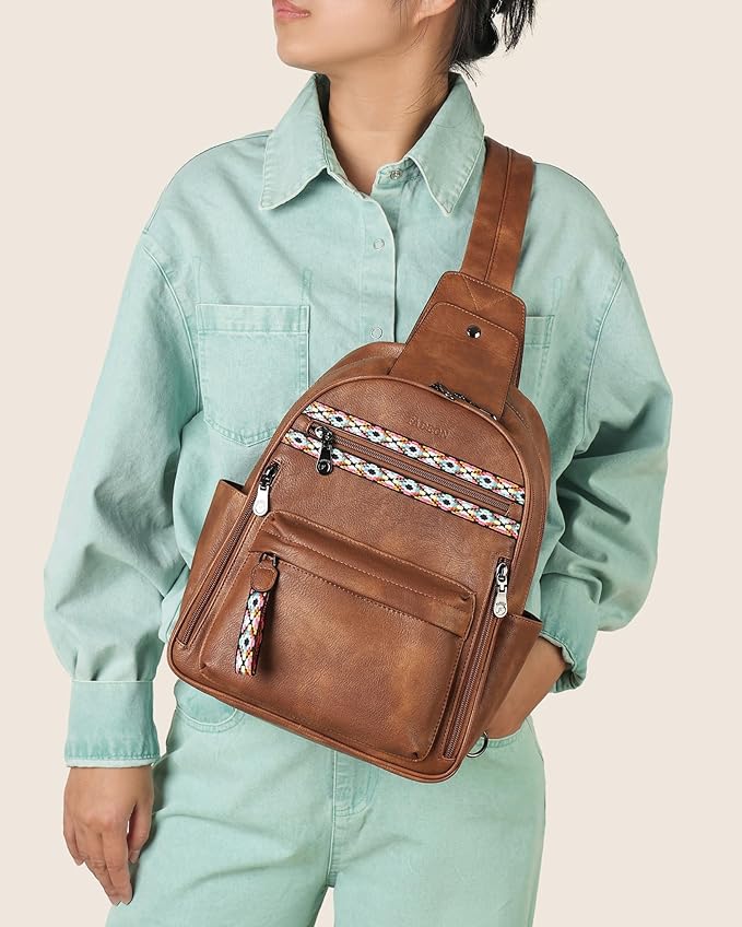 FADEON Large Sling Bag for Women, Leather Crossbody Purse Designer Anti Theft Sling Backpack, RFID Fanny Packs for Travel
