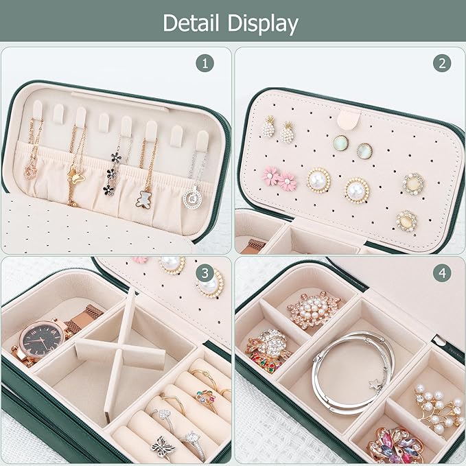 DesignSter Small Travel Jewelry Box with Double Zipper, 2 Layers PU Portable Jewelry Case for Women and Girls,Travel Jewelry Organizer for Rings, Earrings, Necklaces, Bracelets,Dark green