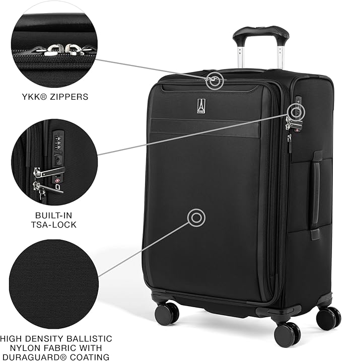 Travelpro VersaPack+ Lightweight Softside Expandable Checked Luggage, 8 Spinner Suitcase, TSA Lock, Men and Women, Checked Medium 25-Inch, Black