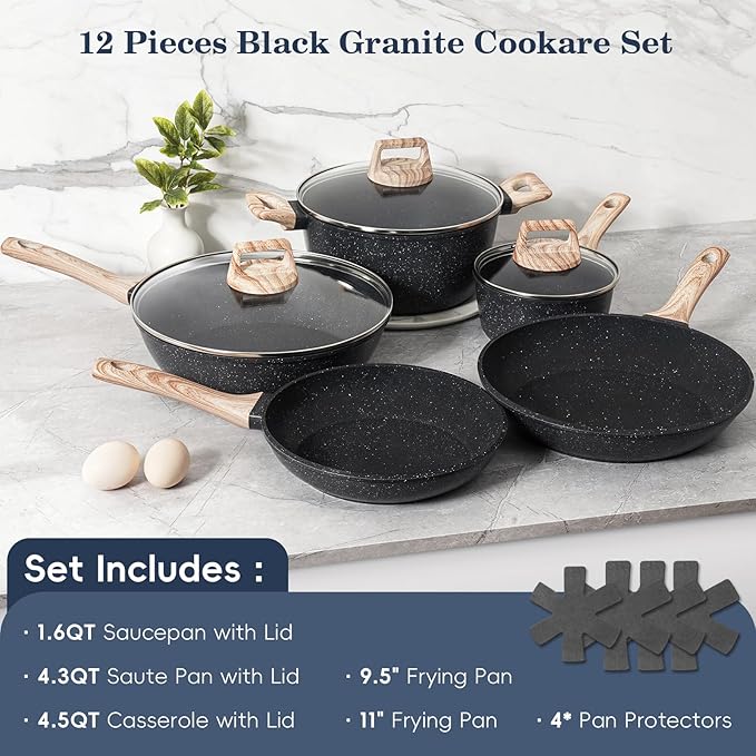 12 Pcs Pots and Pans Set, Nonstick Cookware Sets Black Granite Induction Cookware, Non-toxic Healthy Non Stick Kitchen Cooking Set with Frying Pans Set, Saucepans,Steamer (PFAS, PFOA, PFOS Free)