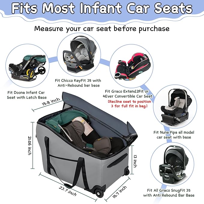 Car Seat Bags for Air Travel Fit Chicco Keyfit 35 and Anti-rebound Bar Base, Fit Doona Car Seat Stroller and Base, Nuna Pipa Travel Bag, Infant Car Seat Bag, Doona Travel Bag
