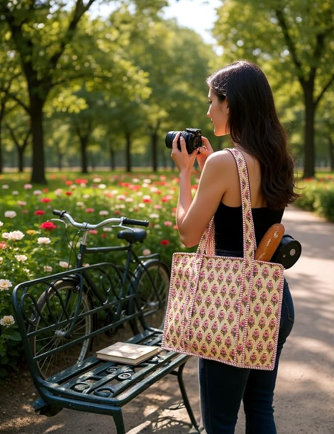 Cotton Quilted Tote Bag for Women – Large Beach & Travel Tote with Zipper, Reusable Grocery Bag