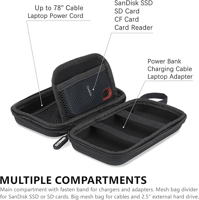 Ginsco Hard Shell Protection Case Electronic Accessories Organizer Pouch for MacBook Air/pro Adapter Chargers Cables Power Bank, for Sandisk Portable SSD Flash Disk SD Card (Black)