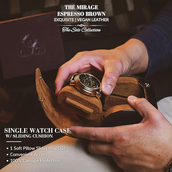 Single Watch Case Travel Box - Watch Travel Case for Men – Single Watch Roll - Espresso Brown Swiss Motif Vegan Leather