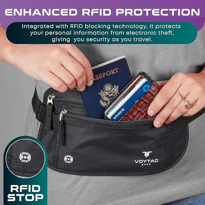 Travel Money Belt & Passport Holder - RFID Blocking Slim Travel Wallet & Fanny Pack for Men and Women - Essential Travel Pouch for Cash, Credit Cards, and Documents (Grey)