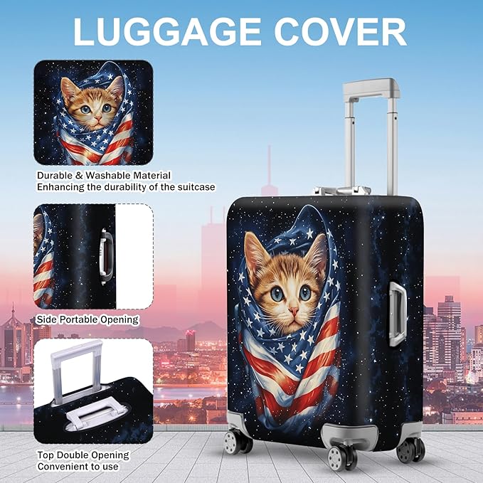 ANNA QUEEN Cute Patriotic Cat Luggage Cover, American Flag Suitcase Protector, Stretchable, Washable Travel Cover for 32-34 Inch Luggage