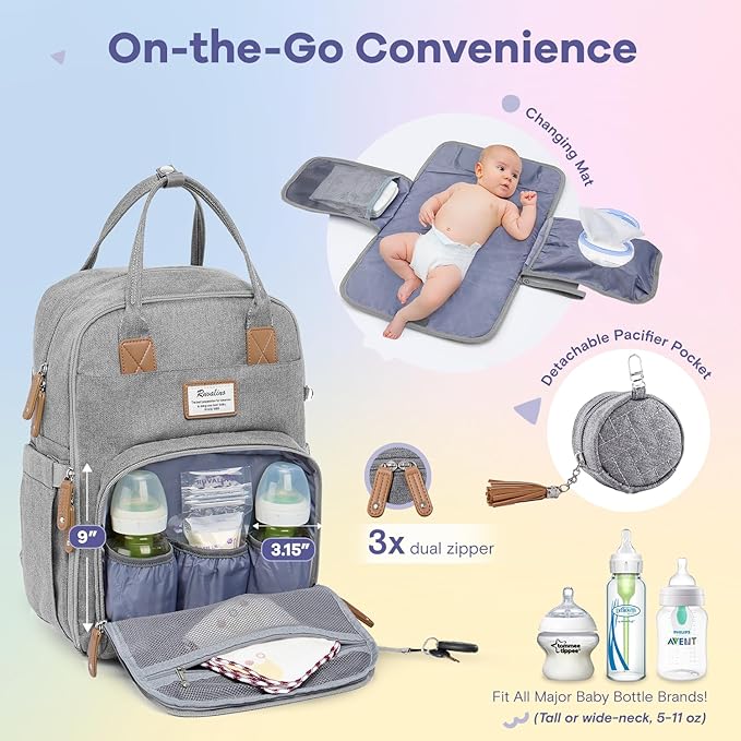 RUVALINO Diaper Bag Backpack, Multifunction Travel Pack Maternity Baby Changing Bags, Large Capacity, Waterproof, Gray