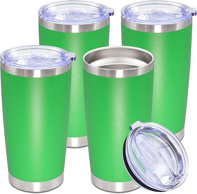 20oz Tumbler Stainless Steel Tumbler Cup with Lid Vacuum Insulated Double Wall Travel Mug, Durable Powder Coated Travel Coffee Tumbler Mug for Hot & Cold Drinks, Green,4 Pack
