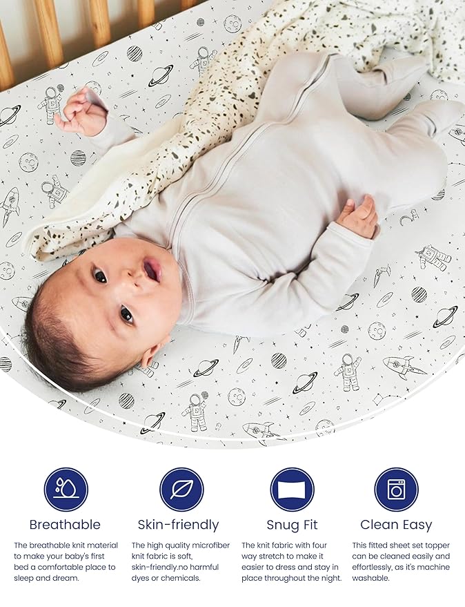 TotAha Premium Soft Space Pack n Play Sheets, Super Stretchy Jersey Knit Mini Crib Sheets Fitted, Silky Comfort Graco Pack and Play Mattress Sheets, 2 Pack
