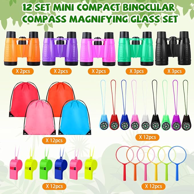 12 Set Binocular Compass Magnifying Glass Set Christmas Birthday Gift Small Telescope Binocular with Whistle Bag for Outdoor Exploring Stocking Stuffer(Stylish Color,Classic)