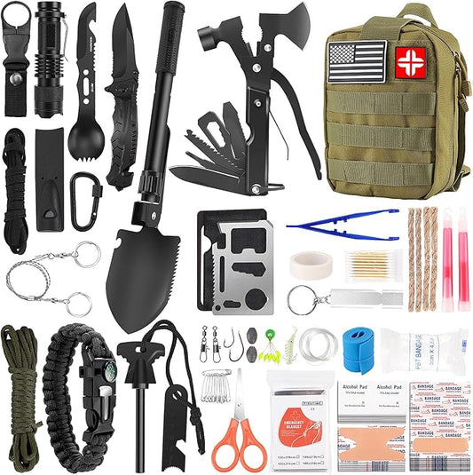 Emergency Survival Kit and First Aid Kit, 142Pcs Professional Survival Gear and Supplies Equipment with Molle Pouch, Gift for Christmas Men Dad Husband Camping Hiking Hunting Outdoor Adventure
