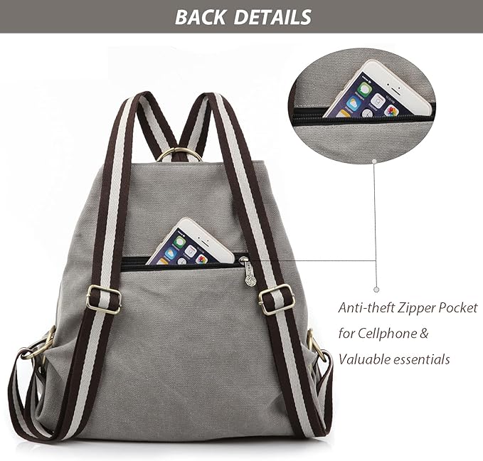 Goodhan Women Canvas Backpack Daypack Casual Shoulder Bag, Vintage Heavy-duty Anti-theft Travel Backpack, Light Grey