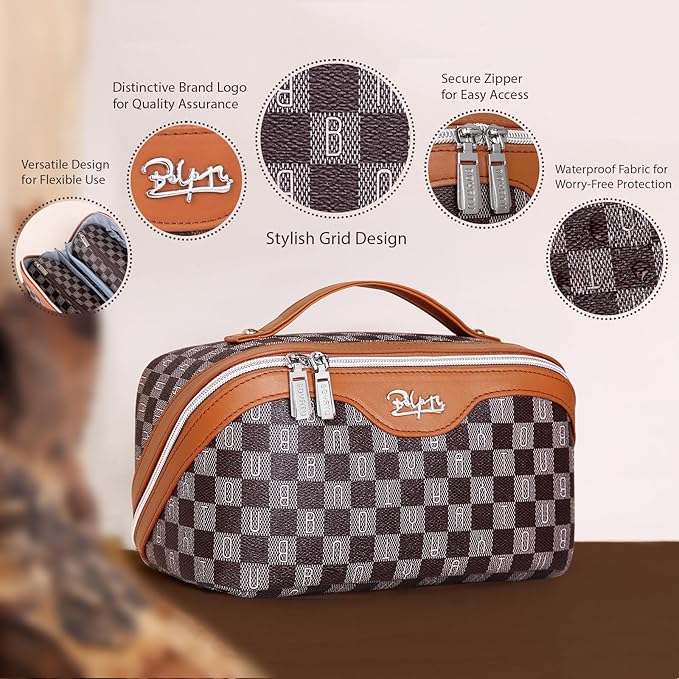 BOYATU Travel Makeup Bag Cosmetic Bags for Women: 3 Pcs Set Portable Make up Bag with Handle - Vegan Leather Toiletry Bags with Compartments - Makeup Organizer for Travel Essentials(02-Brown)