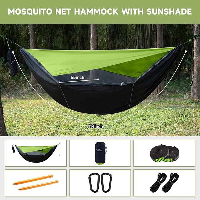 Camping Hammock with Mosquito Net and Sunshade, Backpacking Hammock with Ridge Rope Tree Straps, Lightweight Portable Hammocks for Outside, Hiking, and Travel