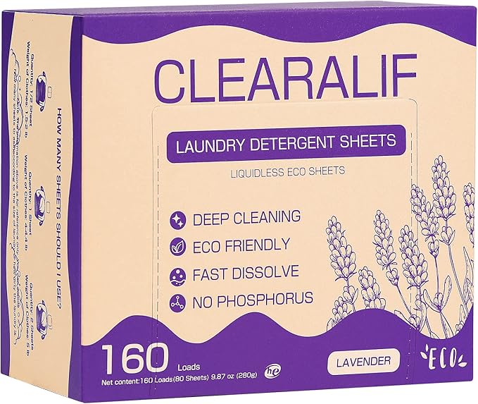 CLEARALIF Laundry Detergent Sheets 80 Sheets (Up to 160 Loads), Lavender - Great For Apartments, Dorms,Eco Friendly