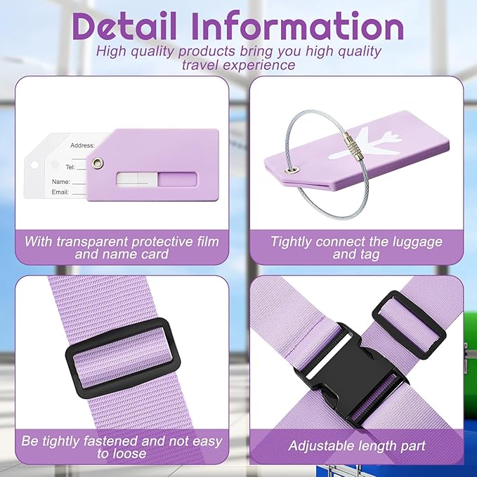 Weewooday 8 Pcs Luggage Straps Suitcase Tags Set for TSA Approved, 4 Travel Adjustable Suitcase Belt, 4 Silicone Luggage Tags with Name ID Card Travel Accessories(Light Purple,Airplane)