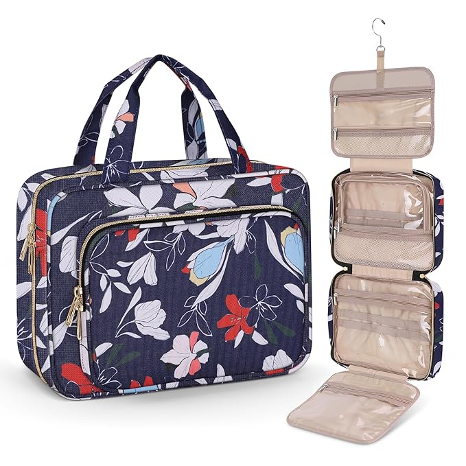Wedama Toiletry Bag for Women, Large Cosmetic Travel Bag, Hanging Toiletry Bag for Bathroom, PVC Waterproof Makeup Bag, Toiletries Bag for Travel Business Trips and Camping, Blue+White Floral