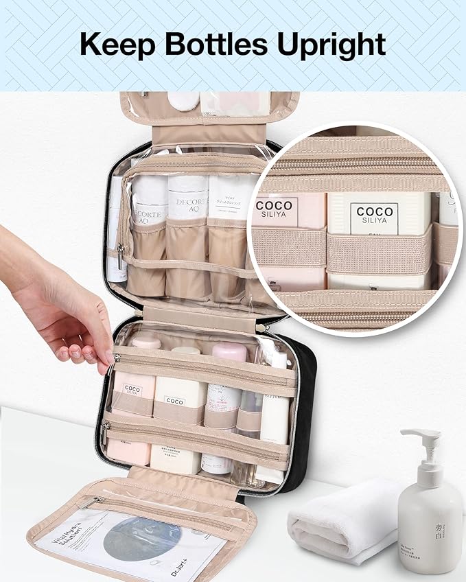 BAGSMART Toiletry Bag Hanging Travel Makeup Organizer with TSA Approved Transparent Cosmetic Bag Makeup Bag for Full Sized Toiletries, Large-Blck