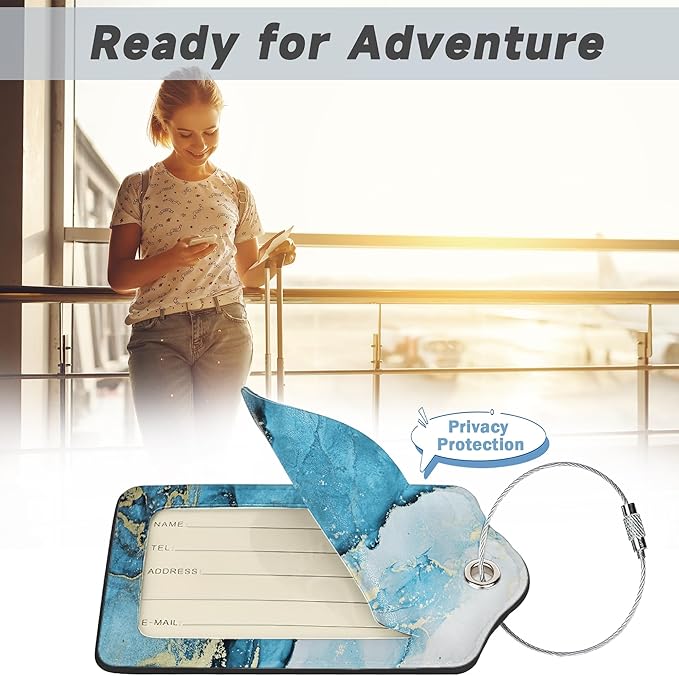 Set of 2 Luggage Tags for Suitcases, Leather Blue Fluid Marble Baggage Tags with Stainless Steel Loop, Privacy Name ID Card Cover Kawaii Travel Labels for Women Men Kids Girls