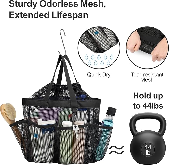 F-color Mesh Shower Caddy Portable with Drawstring - 8 Pockets Dorm Room Essentials for Guys Girls with S Hook, Shower Bag Basket Tote for College Camping Bathroom, 2 Pack Black & Mint Green