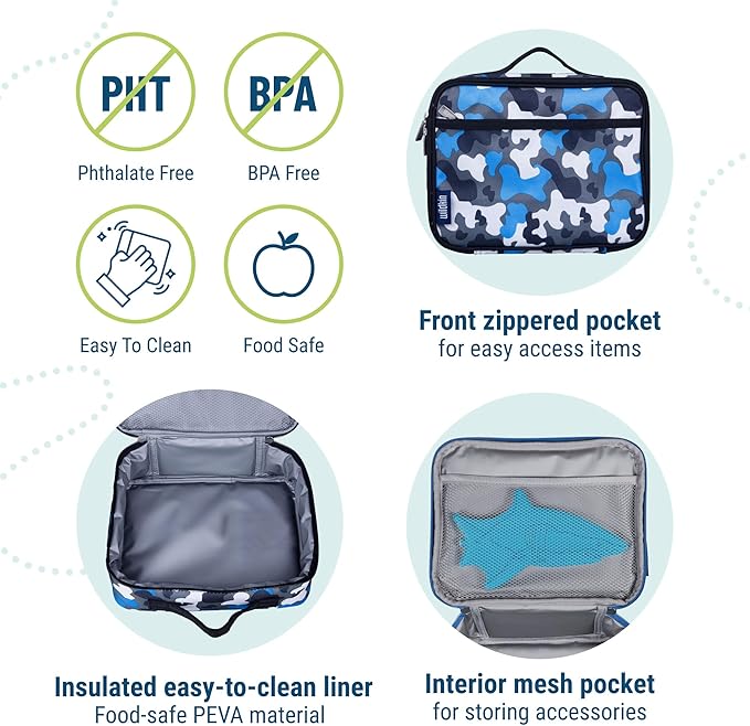 Wildkin Kids Insulated Lunch Box – Durable and Reusable for School & Travel - Blue Camo