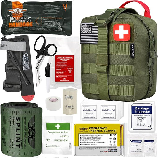EVERLIT Emergency Trauma Kit, CAT GEN-7 Tourniquet 36" Splint, Military Combat Tactical IFAK for First Aid Response, Gun Shots, Severe Bleeding Control (OD Green)